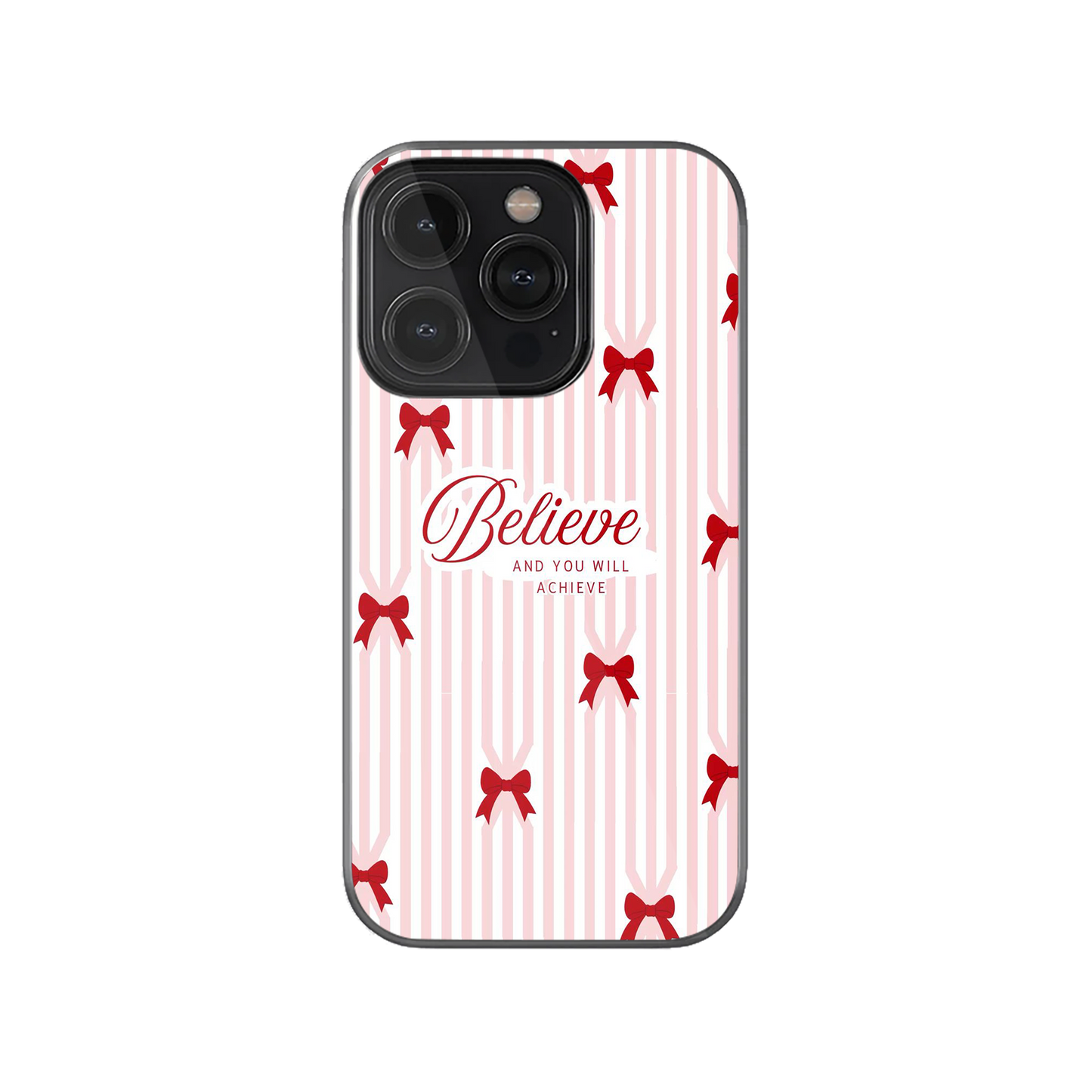 "Believe" Quote Bow Striped Aesthetic Phone Case.