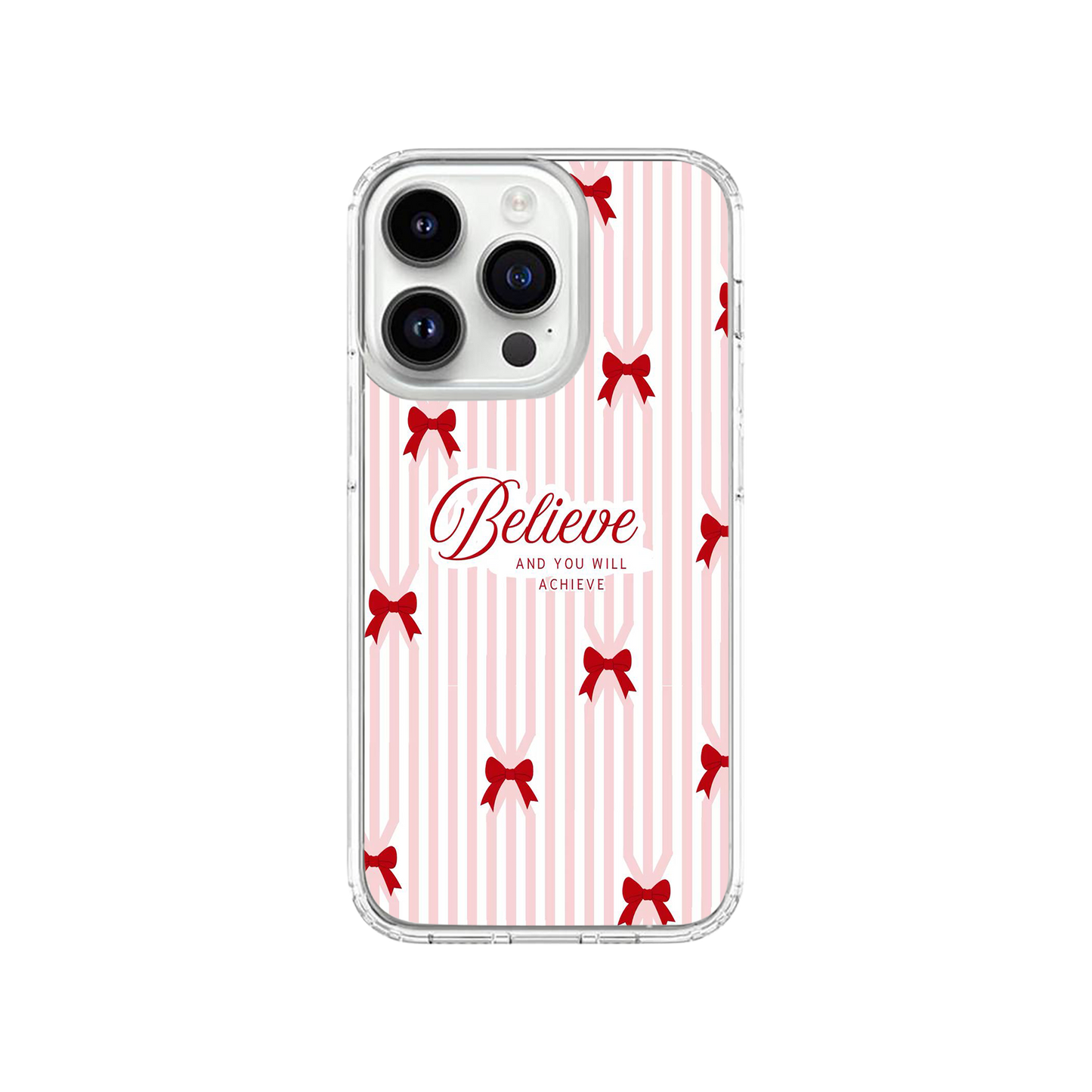 "Believe" Quote Bow Striped Aesthetic Phone Case.