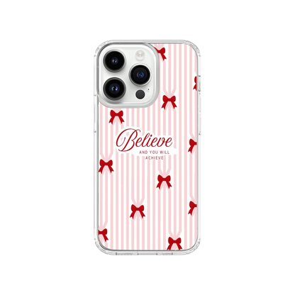 "Believe" Quote Bow Striped Aesthetic Phone Case.