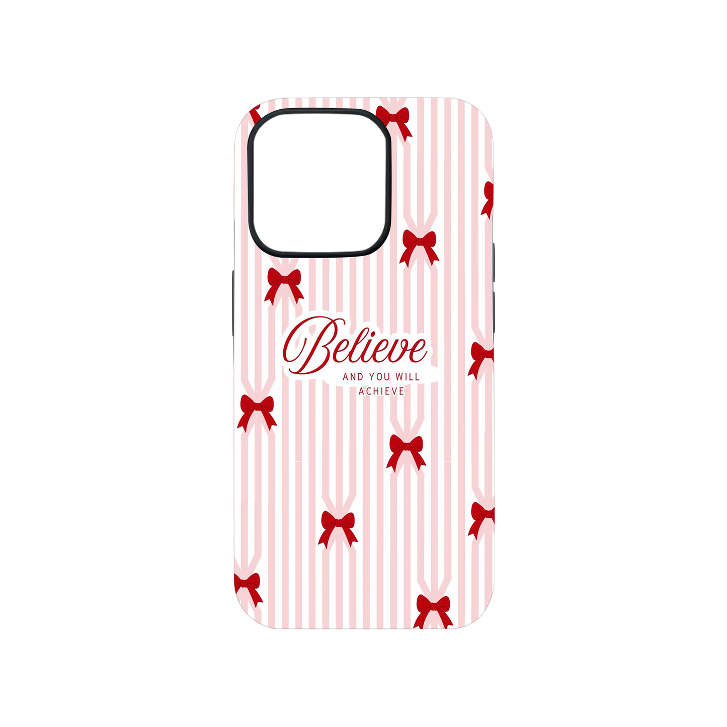 "Believe" Quote Bow Striped Aesthetic Phone Case.