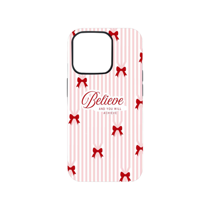 "Believe" Quote Bow Striped Aesthetic Phone Case.